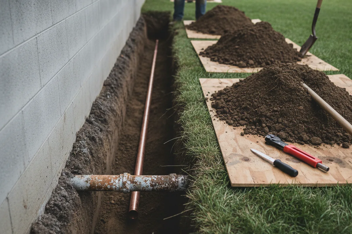 Excavated water line trench during Sewer Line Repair in Sidney